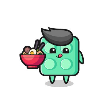 cute brick toy character eating noodles , cute style design for t shirt, sticker, logo element
