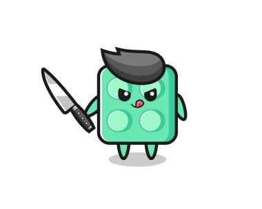 cute brick toy mascot as a psychopath holding a knife , cute style design for t shirt, sticker, logo element