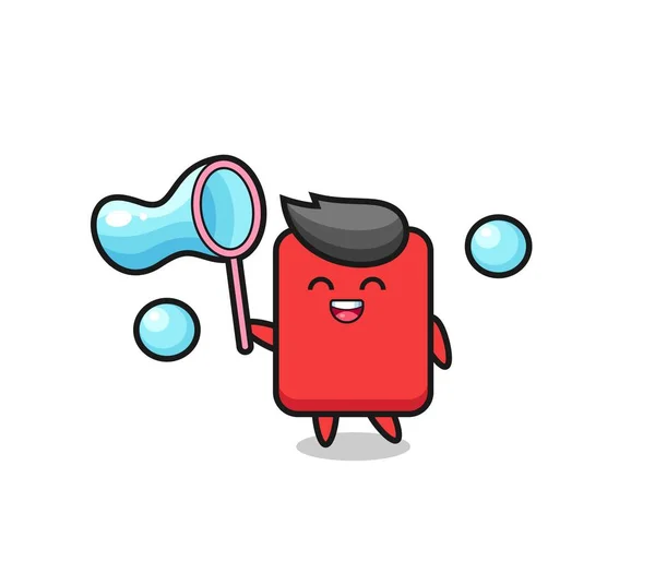 Happy Red Card Cartoon Playing Soap Bubble Cute Style Design — 스톡 벡터