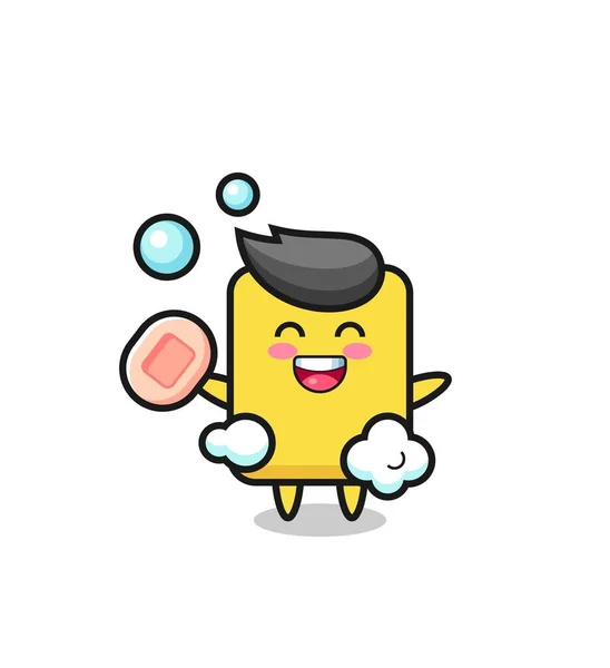 Yellow Card Character Bathing While Holding Soap Cute Style Design — Stok Vektör