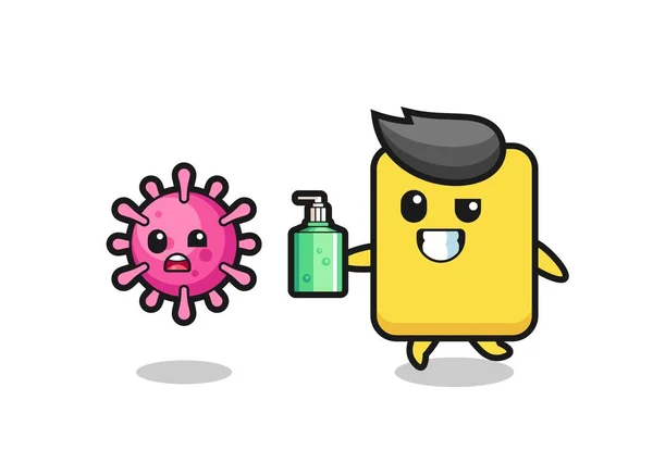 Illustration Yellow Card Character Chasing Evil Virus Hand Sanitizer Cute — 스톡 벡터