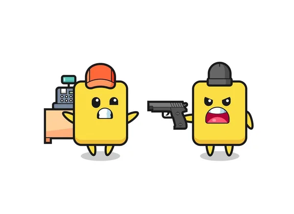 Illustration Cute Yellow Card Cashier Pointed Gun Robber Cute Style — Vettoriale Stock