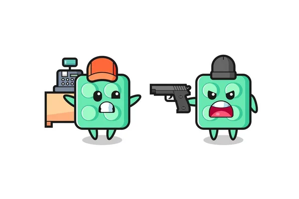 Illustration Cute Brick Toy Cashier Pointed Gun Robber Cute Style — Vector de stock