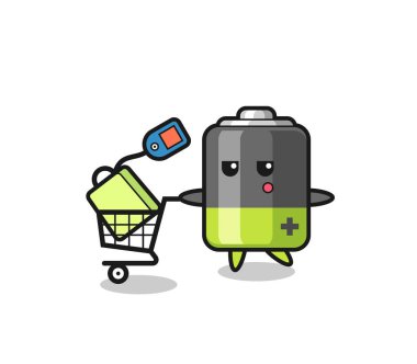 Alışveriş arabalı bir pil çizimi, tişört, etiket, logo elementi için şirin bir tasarım.