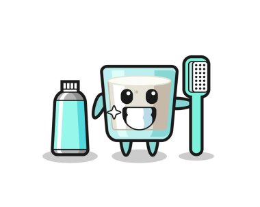 Diş fırçalı süt maskotu tasarımı, tişört, çıkartma, logo elementi için şirin tasarım.