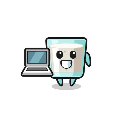 Laptoplu süt maskotu tasarımı, tişört, çıkartma, logo elementi için şirin tasarım.