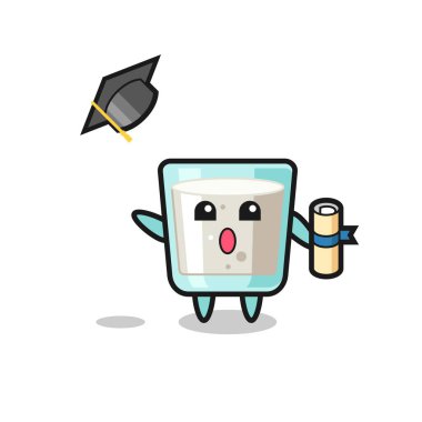 Mezuniyette şapkayı fırlatan süt karikatürü tişört, çıkartma, logo elementi için şirin bir tasarım.