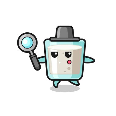 Süt çizgi film karakteri büyüteçle arıyor, tişört, çıkartma, logo elementi için şirin bir tasarım.