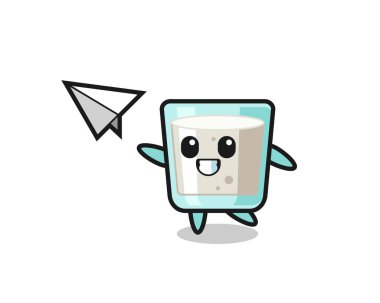 Süt çizgi filmi karakteri kağıt uçak fırlatma, tişört, çıkartma, logo elementi için şirin tasarım