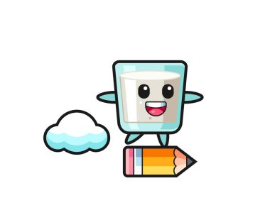 Tişört, çıkartma, logo elementi için şirin bir tasarım olan dev bir kalemle gezen süt maskotu çizimi