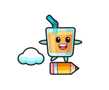 Dev bir kalemle gezen portakal suyu maskotu çizimi, tişört, çıkartma, logo elementi için şirin bir tasarım.
