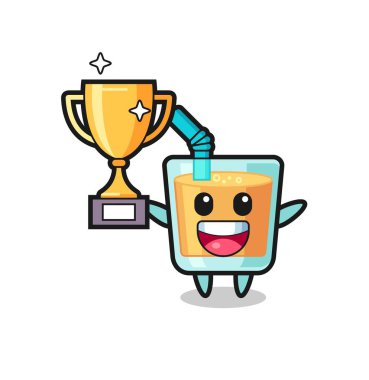 Portakal suyunun çizgi film çizimi altın kupayı kaldırmaktan mutlu, tişört, çıkartma, logo elementi için şirin bir tasarım.