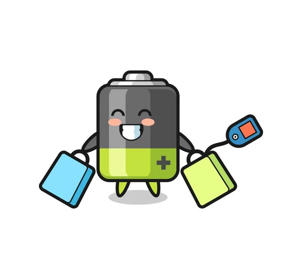 Mascota Batería Dibujos Animados Con Una Bolsa Compras Lindo Diseño — Vector de stock