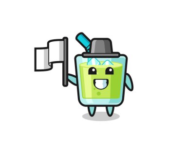 Bayrak tutan kavun suyunun çizgi film karakteri, tişört, etiket, logo elementi için şirin bir tasarım.