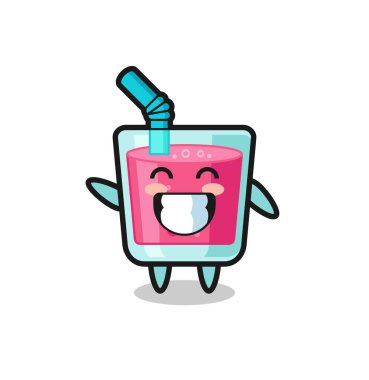 Çilek suyu çizgi film karakteri el hareketi yapıyor. Tişört, çıkartma, logo elementi için şirin bir tasarım.