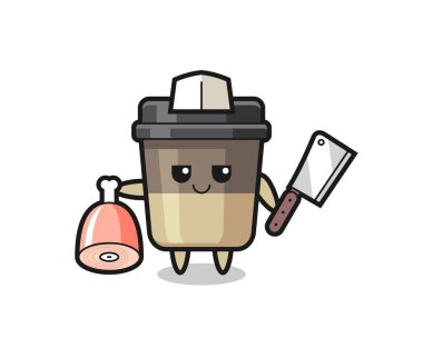 Kahve fincanı karakterinin kasap olarak tasviri, tişört, çıkartma, logo elementi için şirin tasarım.