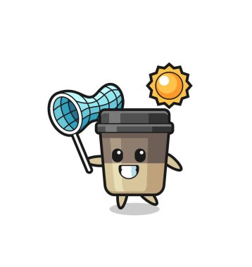 Kahve fincanı maskotu illüstrasyonu kelebeği yakalıyor, tişört, çıkartma, logo elementi için şirin bir tasarım.