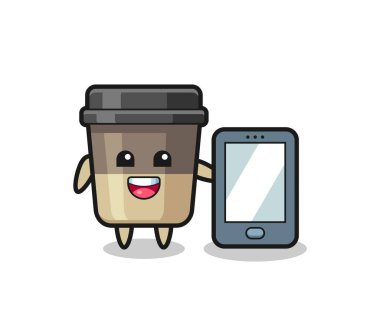 Kahve fincanı illüstrasyon karikatürü elinde akıllı telefon, tişört, çıkartma, logo elementi için şirin bir tasarım.