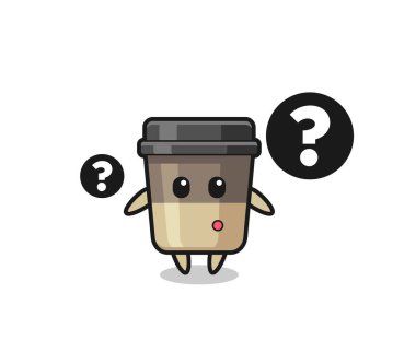 Soru işaretli kahve fincanının çizgi film çizimi, tişört, çıkartma, logo elementi için şirin bir tasarım.