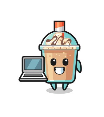 Dizüstü bilgisayarlı milkshake maskotu tasarımı, tişört, çıkartma, logo elementi için şirin tasarım.