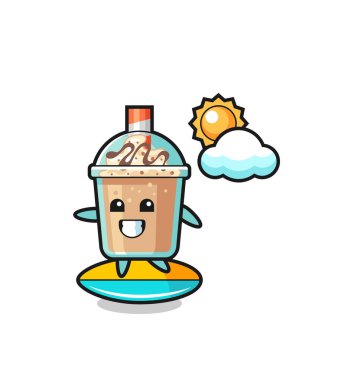 Milkshake karikatürünü sahilde sörf yap, tişört, etiket, logo elementi için şirin bir tasarım yap.