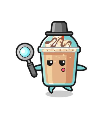 Milkshake çizgi film karakteri büyüteçle arıyor, tişört, etiket, logo elementi için şirin bir tasarım.