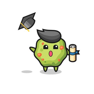 Mezuniyette şapkayı fırlatan kusmuk karikatürü tişört, çıkartma, logo elementi için şirin bir tasarım.