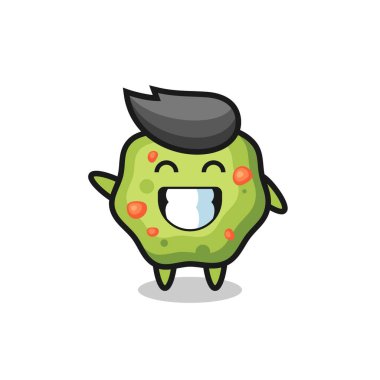 Kusmuk çizgi film karakteri el hareketi yapıyor. Tişört, çıkartma, logo elementi için şirin bir tasarım.