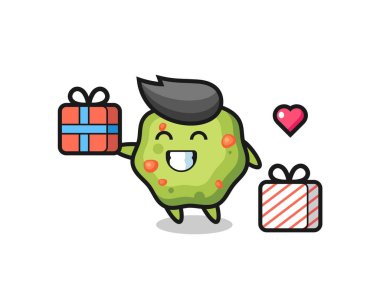 Kusmuk maskotu karikatürü hediyeyi veriyor. Tişört, çıkartma, logo elementi için şirin bir tasarım.