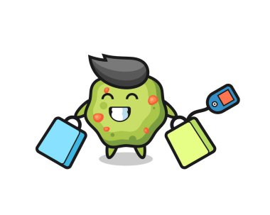 Alışveriş çantası tutan kusmuk maskotu çizgi filmi tişört, çıkartma, logo elementi için şirin bir tasarım.