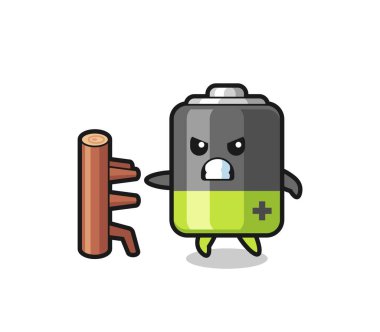 Bir karate dövüşçüsü olarak pil karikatürü çizimi, tişört, çıkartma, logo elementi için şirin bir tasarım.