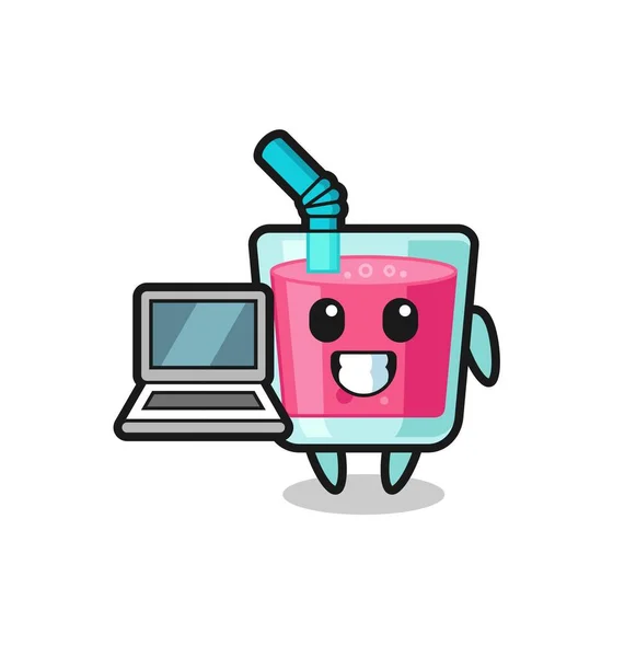 Mascotte Illustration Jus Fraise Avec Ordinateur Portable Design Style Mignon — Image vectorielle