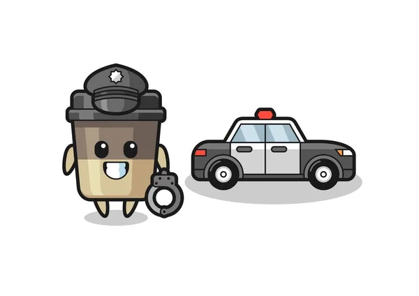 Cartone Animato Mascotte Tazza Caffè Come Una Polizia Design Carino — Vettoriale Stock