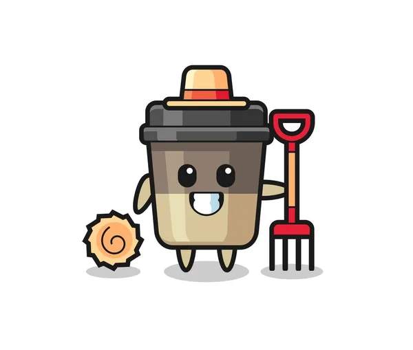 Maskotský Charakter Šálku Kávy Jako Farmář Roztomilý Design Pro Tričko — Stockový vektor