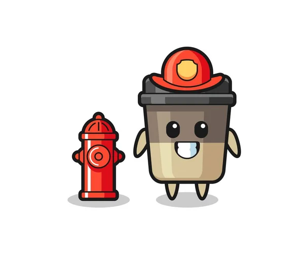 Maskot Charakter Šálku Kávy Jako Hasič Roztomilý Styl Designu Pro — Stockový vektor