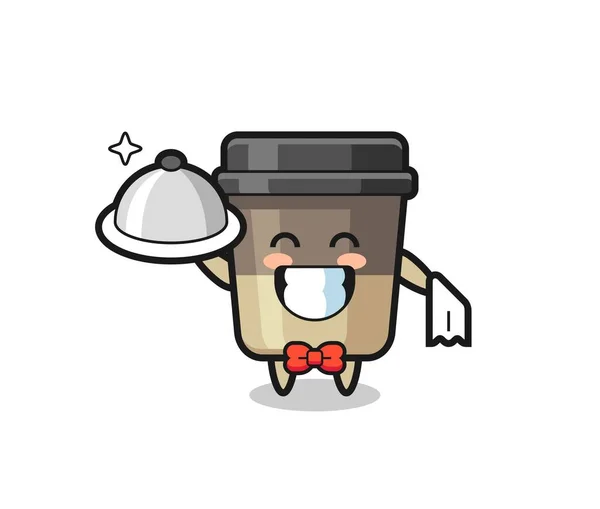 Charakter Maskot Šálku Kávy Jako Číšník Roztomilý Styl Designu Trička — Stockový vektor