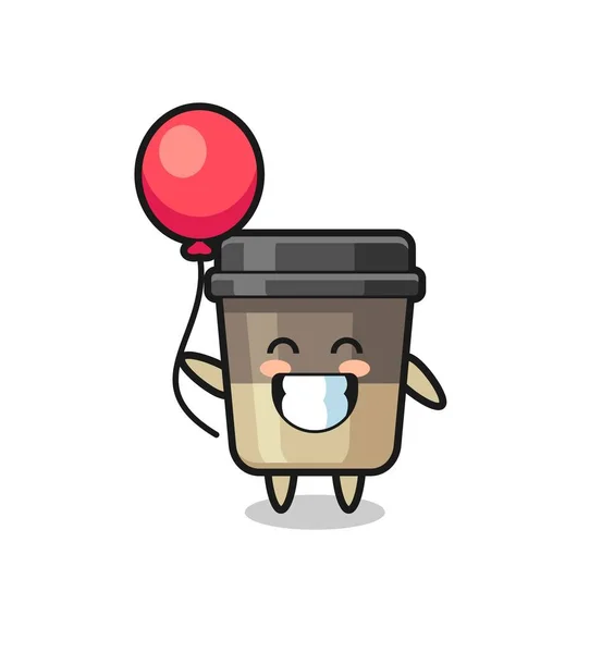 Καφέ Κύπελλο Μασκότ Εικόνα Παίζει Μπαλόνι Χαριτωμένο Σχεδιασμό Στυλ Για — Διανυσματικό Αρχείο