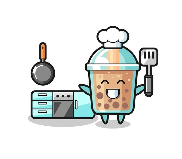 Bubble Tea Character Illustration Chef Cooking Cute Style Design Shirt — Stock Vector
