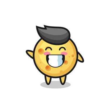 yuvarlak peynirli çizgi film karakteri el hareketi yapıyor, tişört, çıkartma, logo elementi için şirin bir tasarım yapıyor.