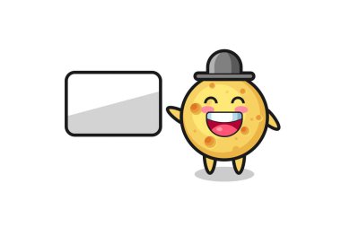 yuvarlak peynirli karikatür çizimi sunum yapıyor, tişört, etiket, logo elementi için şirin bir tasarım.