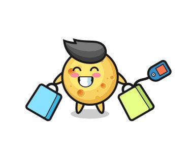 Bir alışveriş çantası tutan yuvarlak peynir maskotu çizgi filmi, tişört, çıkartma, logo elementi için şirin bir tasarım.