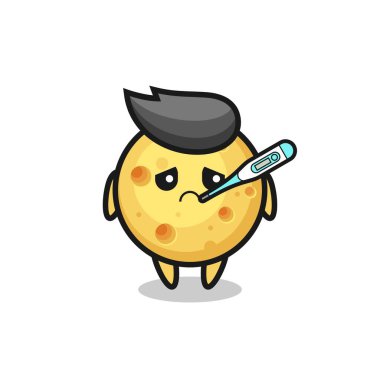 Ateşli yuvarlak peynir maskotu karakteri, tişört, çıkartma, logo elementi için şirin bir tasarım.