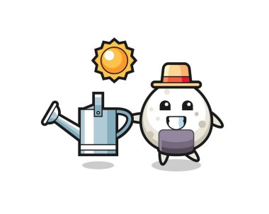 Onigiri 'nin elinde sulama kutusu olan çizgi film karakteri, tişört, etiket, logo elementi için şirin bir tasarım.