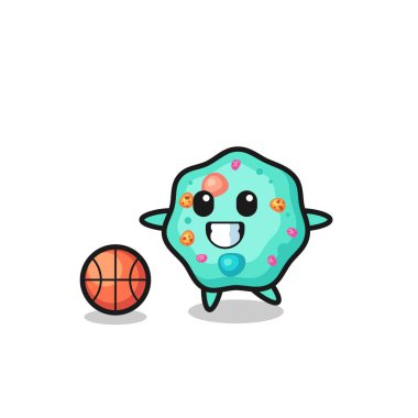 Amip karikatürü basketbol oynuyor, tişört, etiket, logo elementi için şirin bir tasarım.
