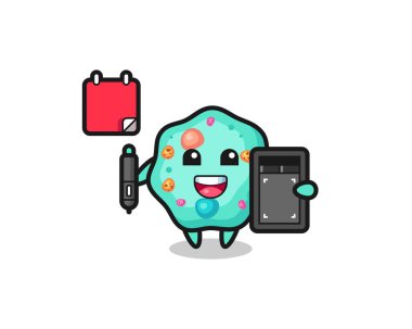 Amip maskotunun grafik tasarımcı olarak tasviri, tişört, etiket, logo elementi için şirin bir tasarım.