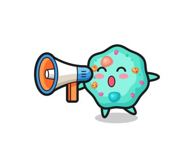 amoeba karakter çizimi bir megafon tutuyor, tişört, etiket, logo elementi için şirin bir tasarım.