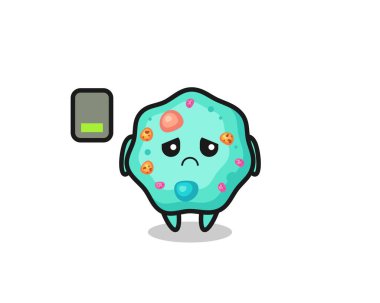 Amoeba maskot karakteri yorgun bir jest yapıyor. Tişört, çıkartma, logo elementi için şirin bir tasarım.