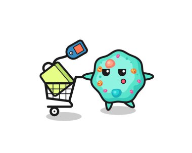 Alışveriş arabalı amoeba çizim karikatürü, tişört, etiket, logo elementi için şirin bir tasarım.