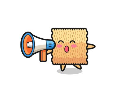 Çiğ hazır şehriye karakteri çizimi megafon taşıyor, tişört, çıkartma, logo elementi için şirin bir tasarım.