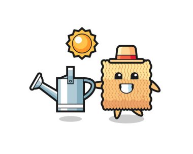 Çiğ hazır makarna elinde sulama kutusu olan çizgi film karakteri, tişört, çıkartma, logo elementi için şirin bir tasarım.